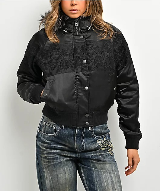 Ninth Hall Faux Fur Hooded Satin Bomber Jacket Ninth Hall Faux Fur Hooded Satin Bomber Jacket
