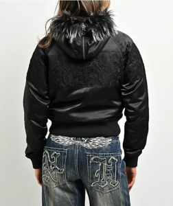 Ninth Hall Faux Fur Hooded Satin Bomber Jacket