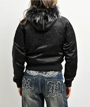 Ninth Hall Faux Fur Hooded Satin Bomber Jacket